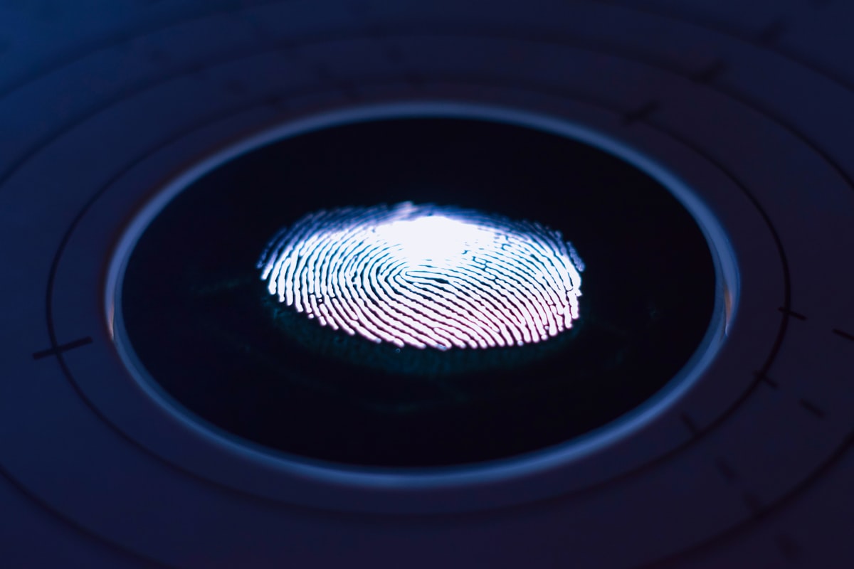 A glowing fingerprint on a dark circular scan